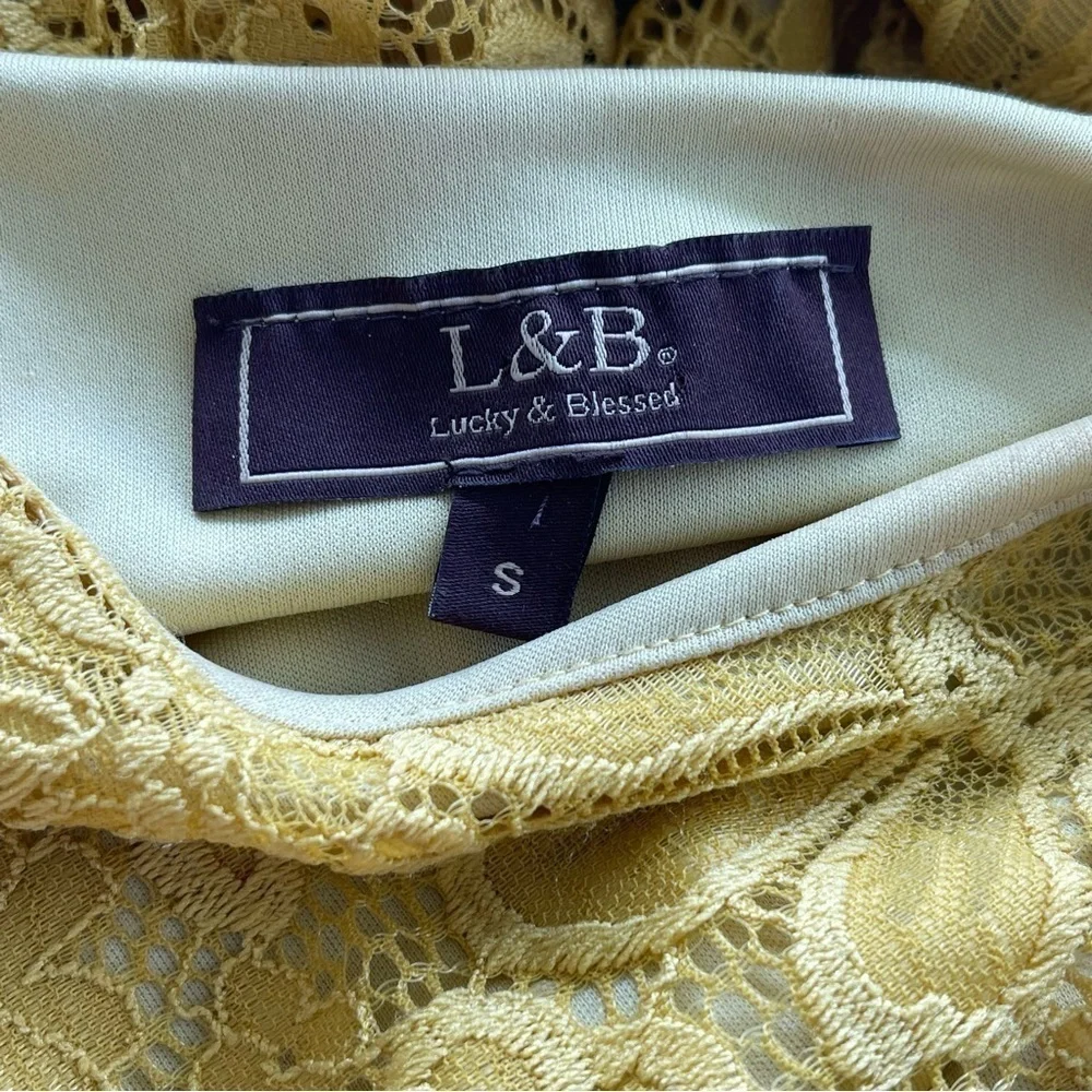 L & B Lucky & Blessed Lace Overlay Lined Mustard Yellow Midi Dress